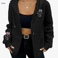 Women's Casual Waffle Zip-Up Hoodie - Skull & Crossbones Print   OAXG Black / S