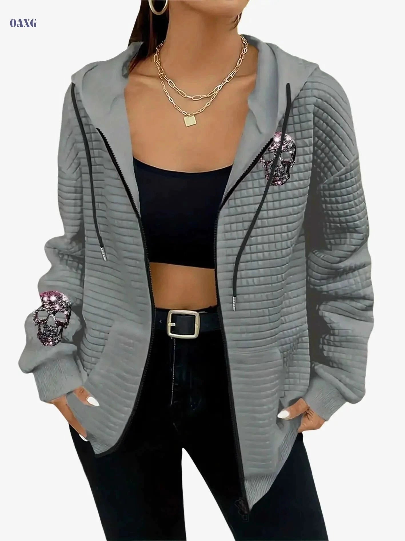 Women's Casual Waffle Zip-Up Hoodie - Skull & Crossbones Print   OAXG 