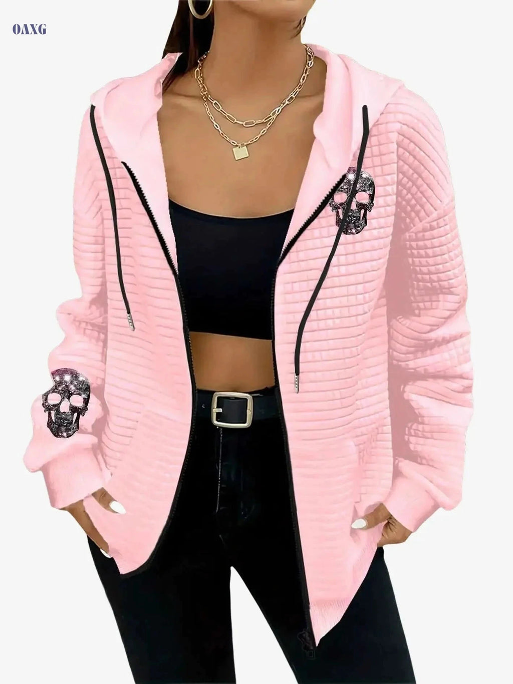 Women's Casual Waffle Zip-Up Hoodie - Skull & Crossbones Print   OAXG 