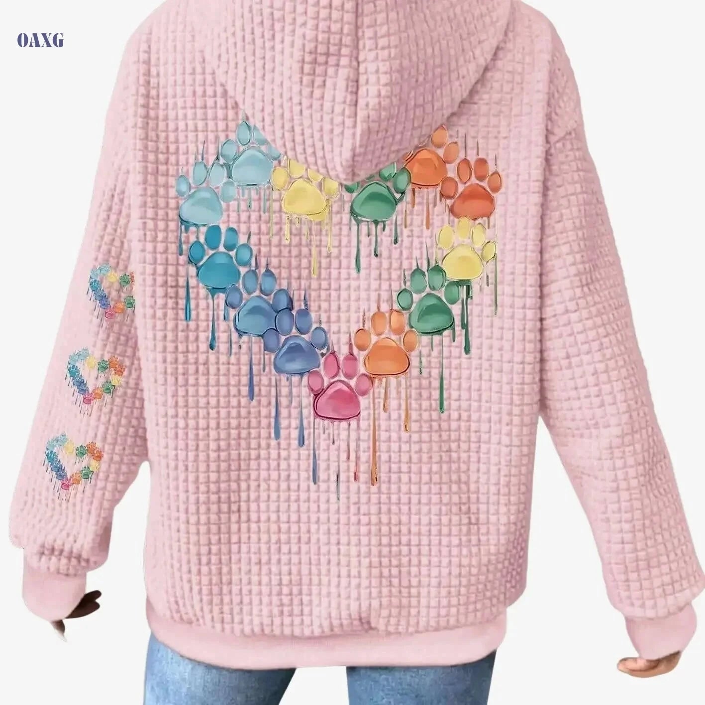 Women's Casual Waffle Zip-Up Jacket - Colorful Paw Print Design   OAXG 