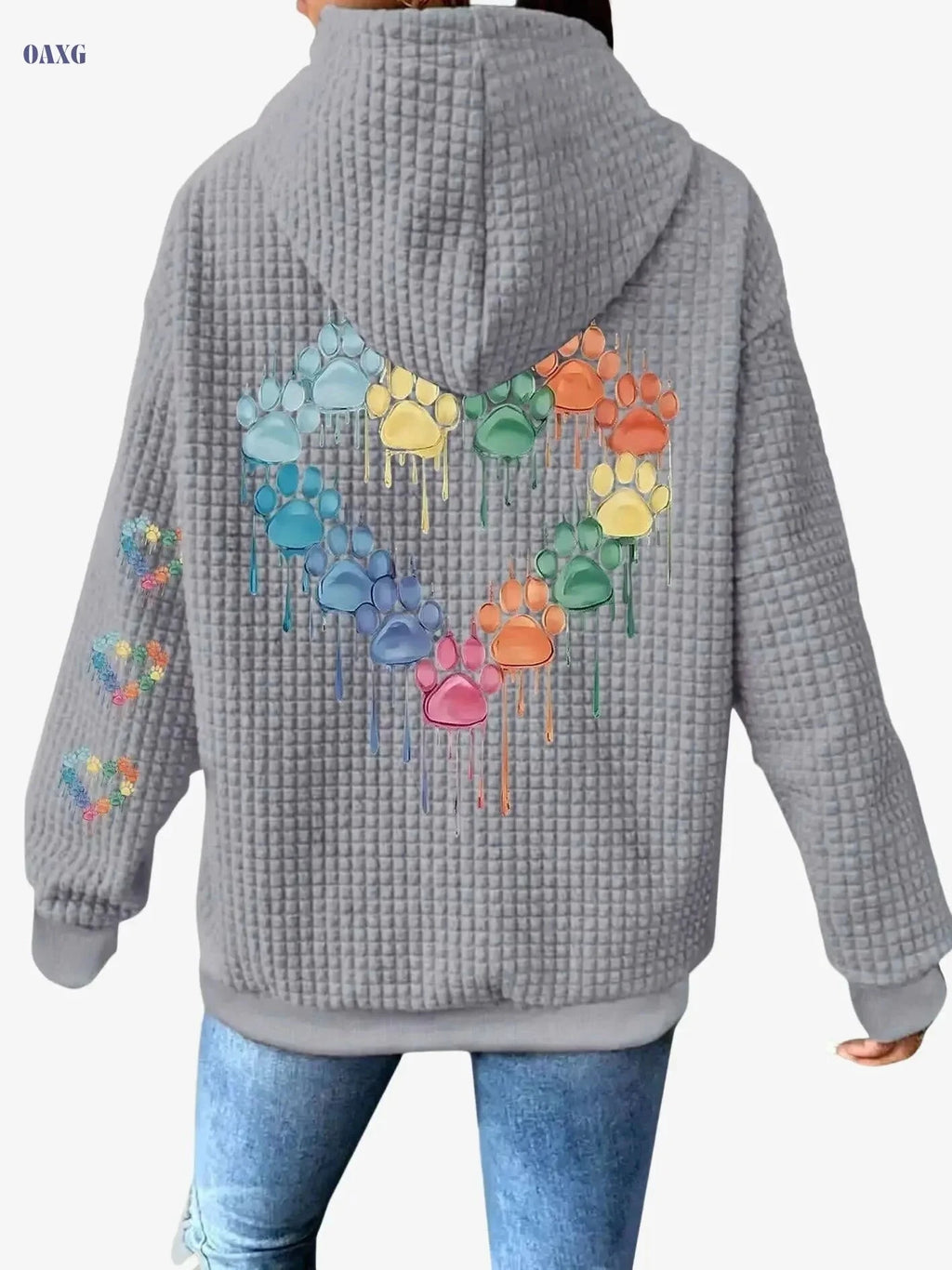 Women's Casual Waffle Zip-Up Jacket - Colorful Paw Print Design   OAXG Pink Color / S