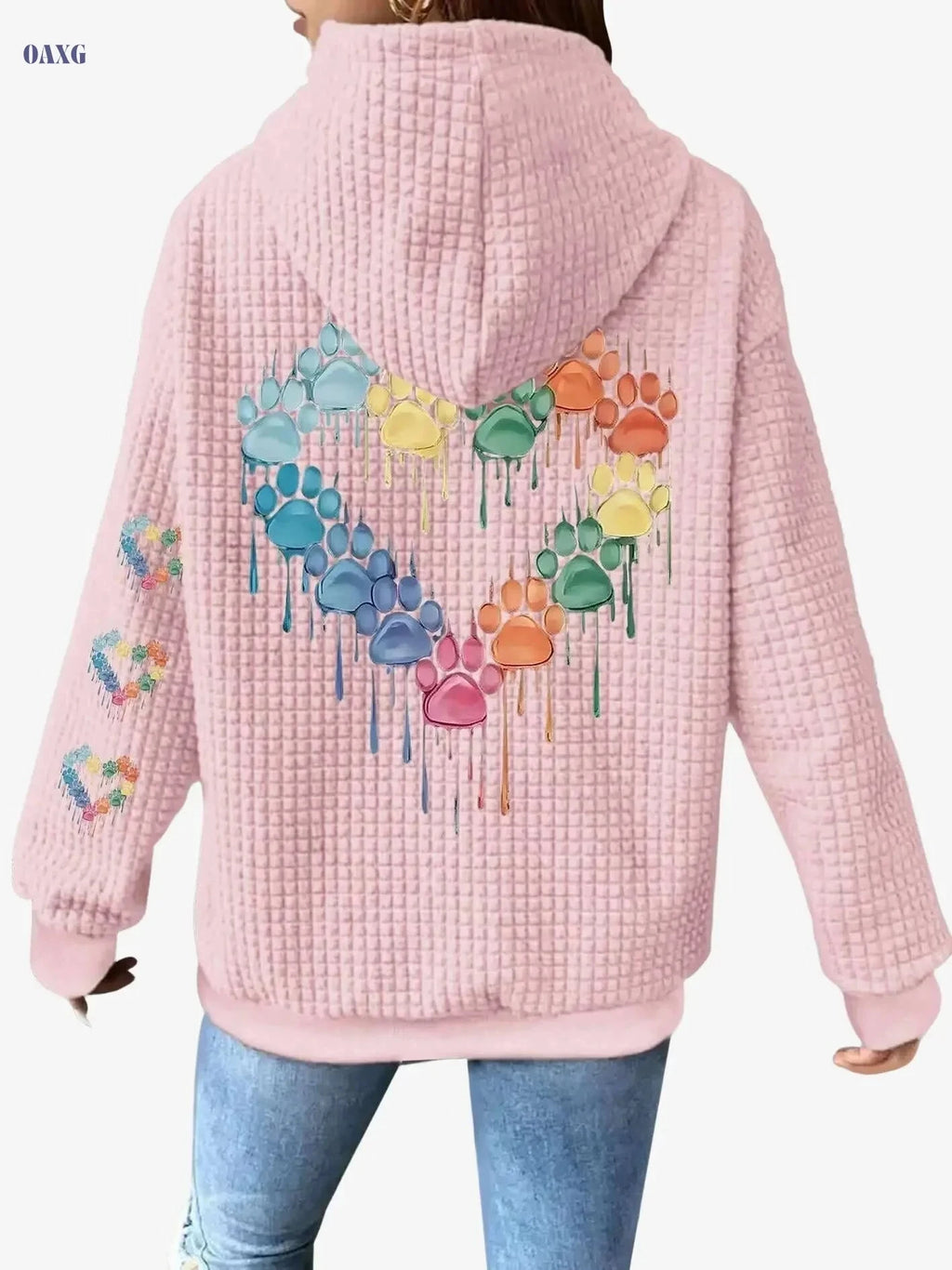 Women's Casual Waffle Zip-Up Jacket - Colorful Paw Print Design   OAXG Pink Color / S