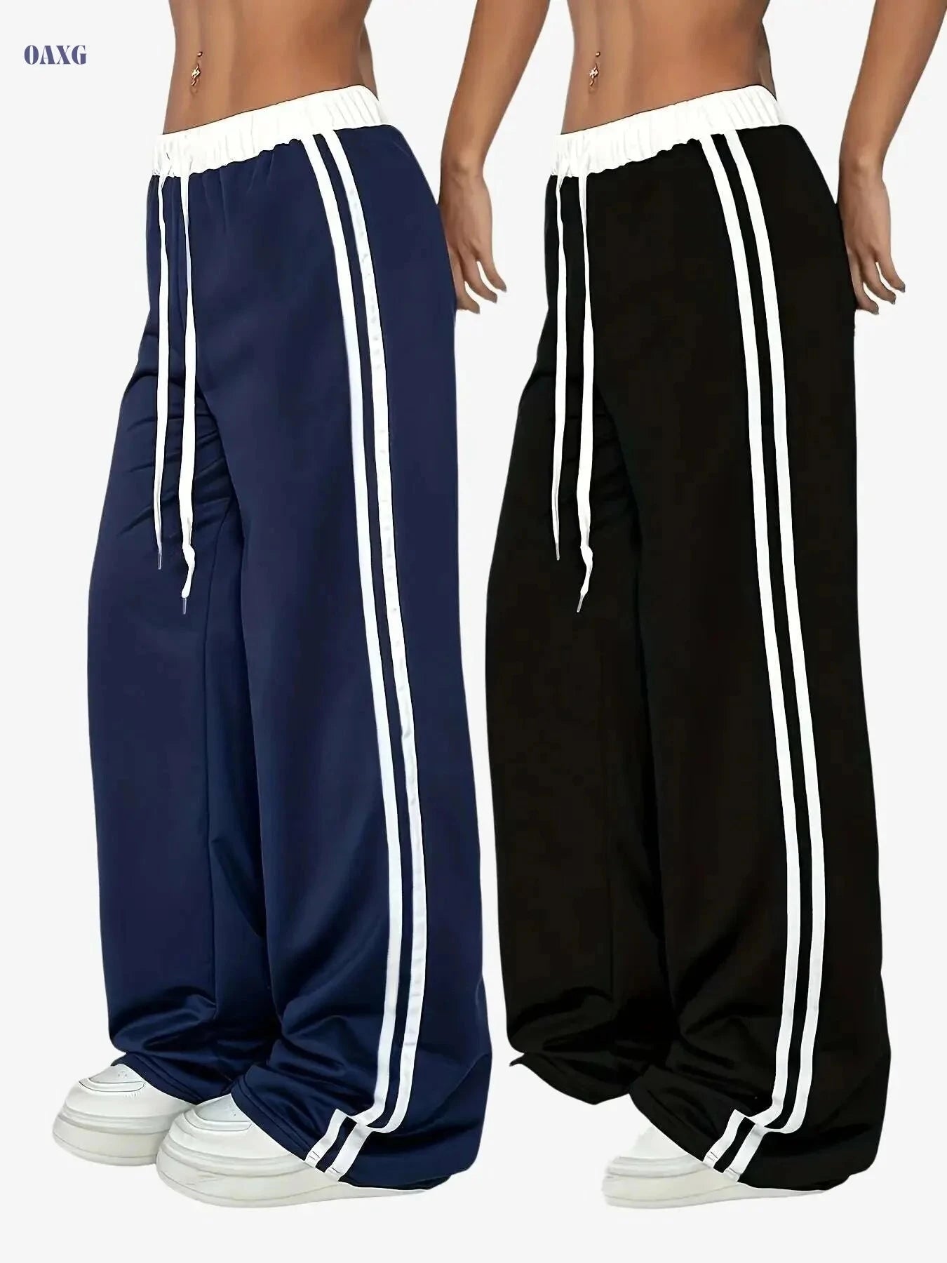 Women's Casual Wide-Leg Joggers - Drawstring, Medium Stretch, Black   OAXG 
