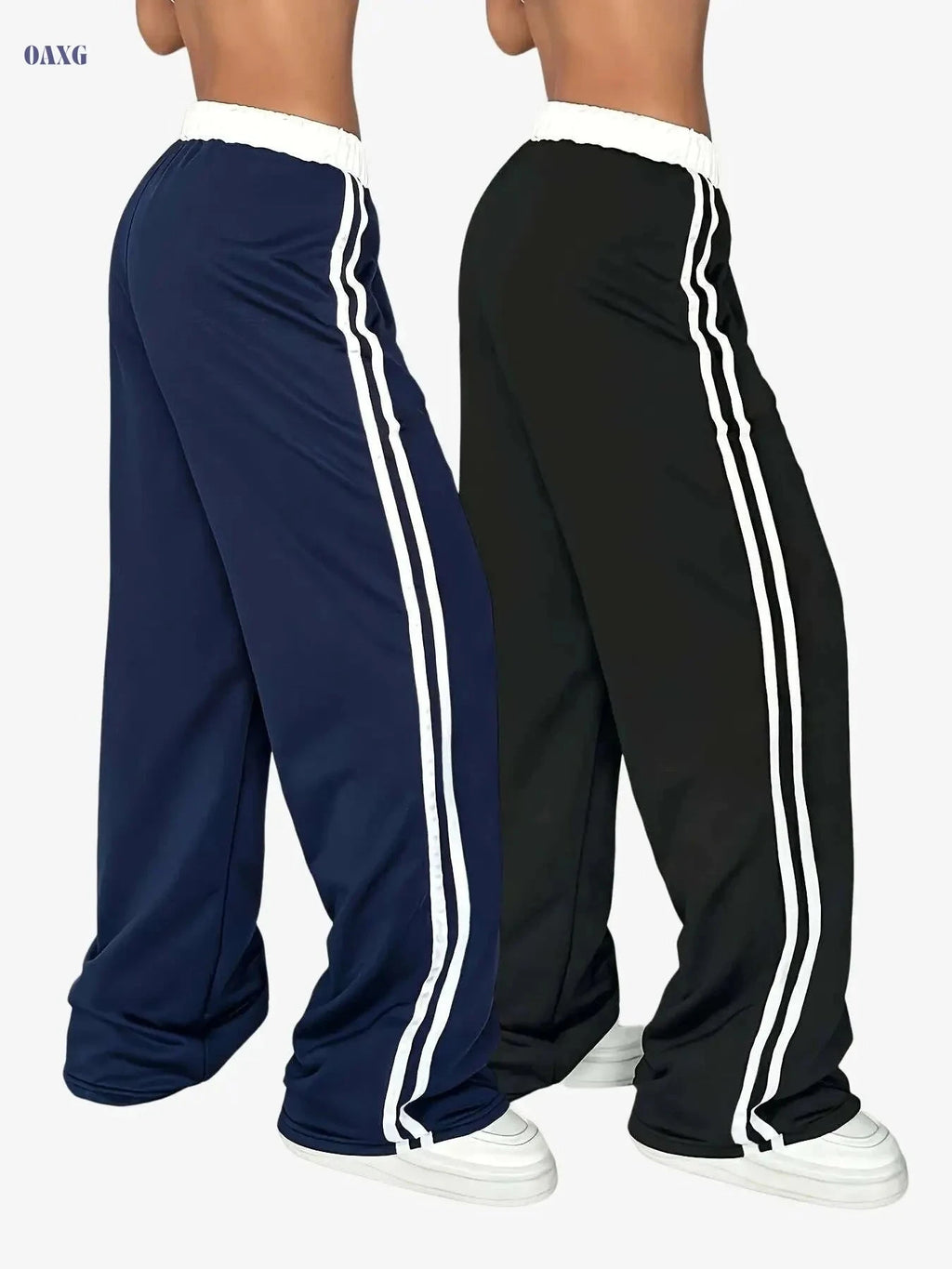 Women's Casual Wide-Leg Joggers - Drawstring, Medium Stretch, Black   OAXG Navy Blue+Black / XS