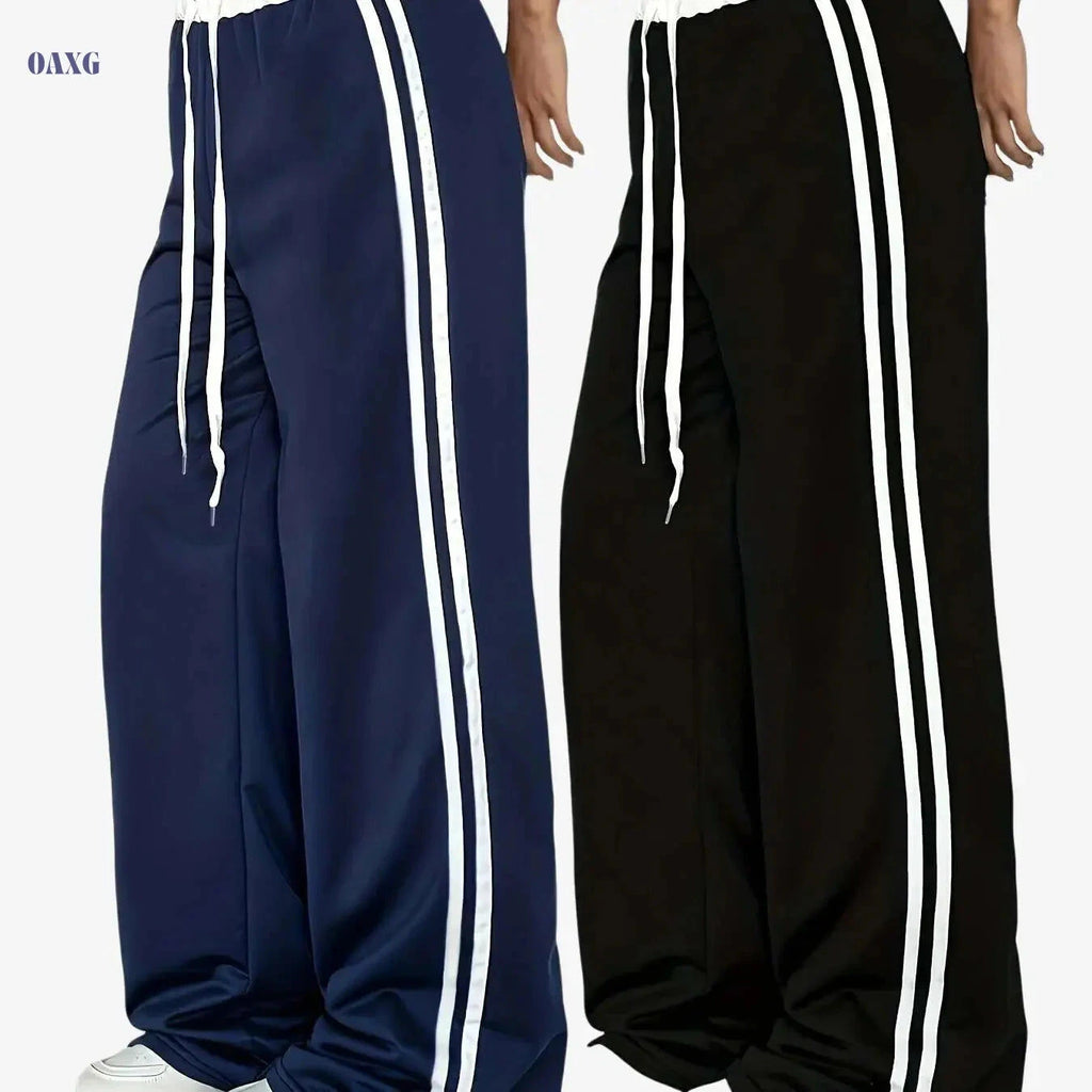 Women's Casual Wide-Leg Joggers - Drawstring, Medium Stretch, Black   OAXG Navy Blue+Black / XS