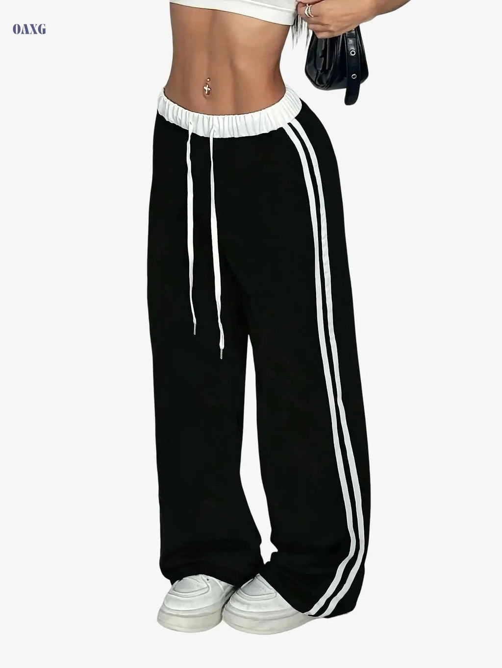 Women's Casual Wide-Leg Joggers - Drawstring, Medium Stretch, Black   OAXG Navy Blue+Black / XS