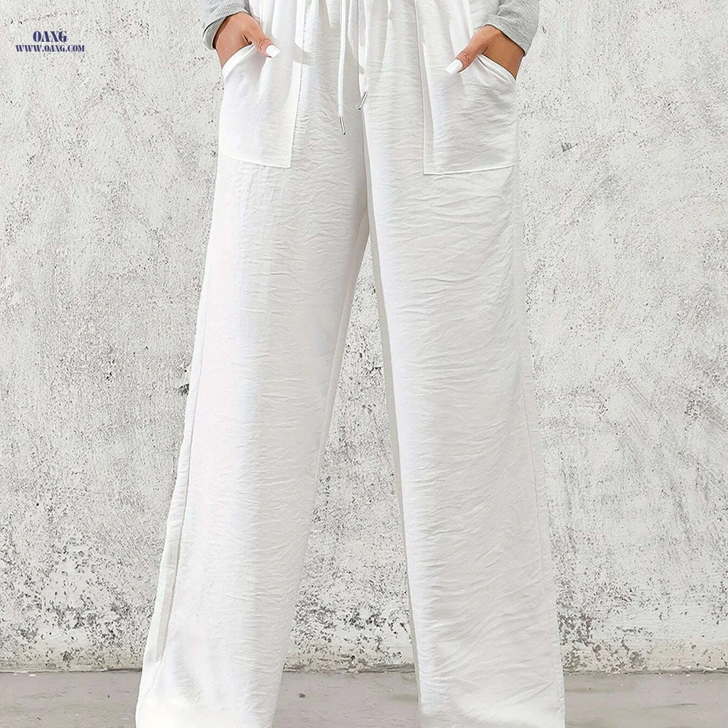 Women's Casual Wide Leg Pants - Drawstring Elastic Waist for Spring   OAXG 