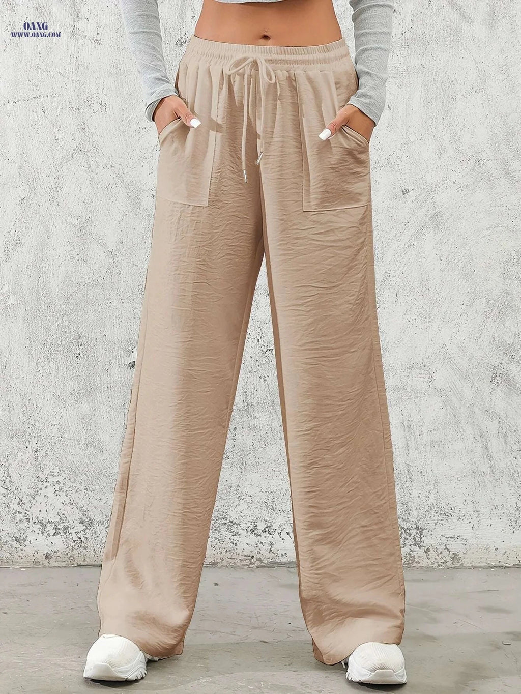 Women's Casual Wide Leg Pants - Drawstring Elastic Waist for Spring   OAXG 
