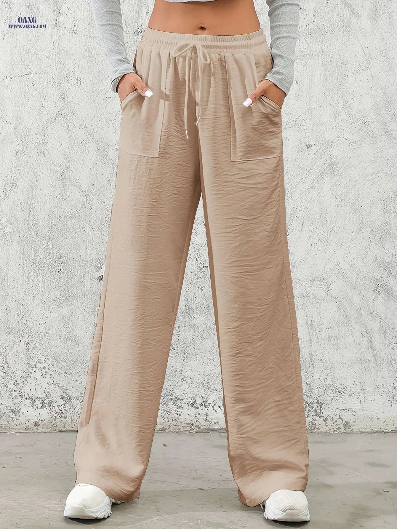 Women's Casual Wide Leg Pants - Drawstring Elastic Waist for Spring   OAXG 