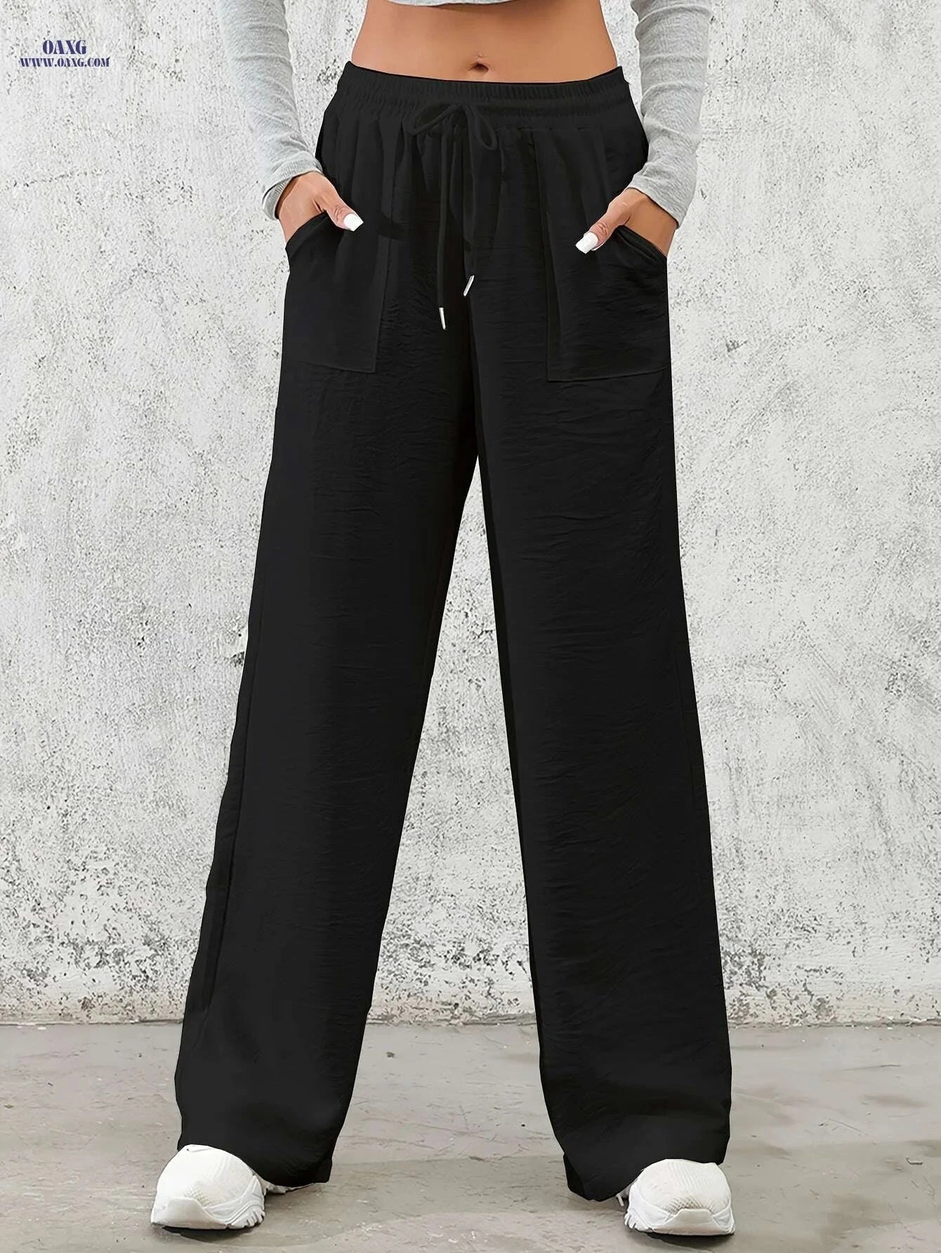 Women's Casual Wide Leg Pants - Drawstring Elastic Waist for Spring   OAXG 
