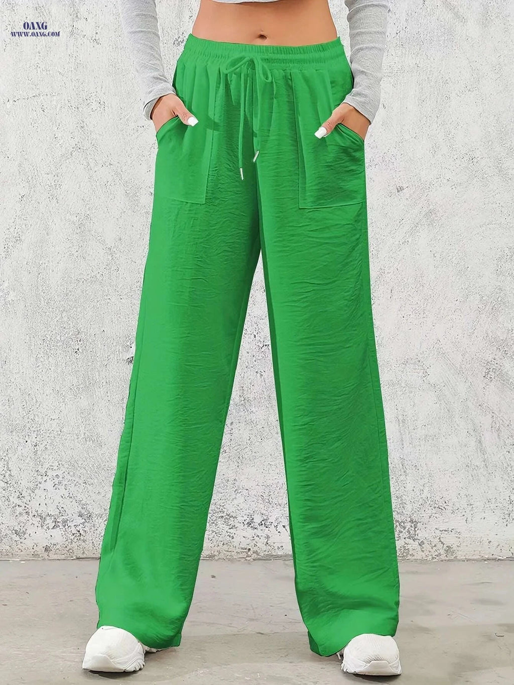 Women's Casual Wide Leg Pants - Drawstring Elastic Waist for Spring   OAXG White / S