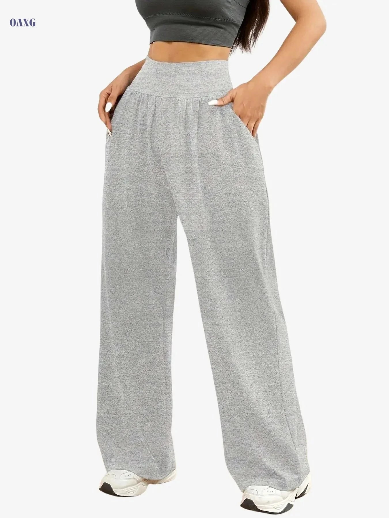 Women's Casual Wide Leg Pants - High Stretch, Elastic Waist, Pockets   OAXG 