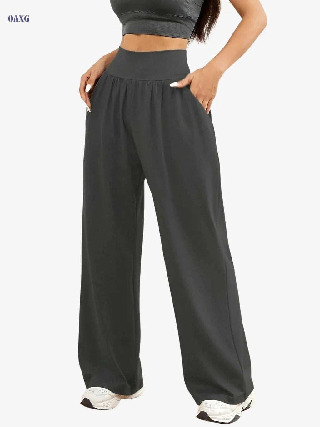 Women's Casual Wide Leg Pants - High Stretch, Elastic Waist, Pockets   OAXG Dark Red-A / L