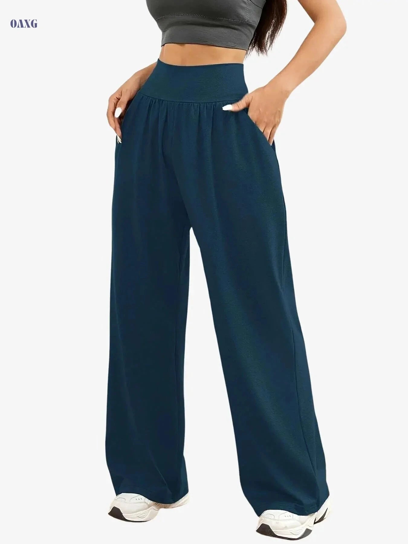 Women's Casual Wide Leg Pants - High Stretch, Elastic Waist, Pockets   OAXG Dark Red-A / L