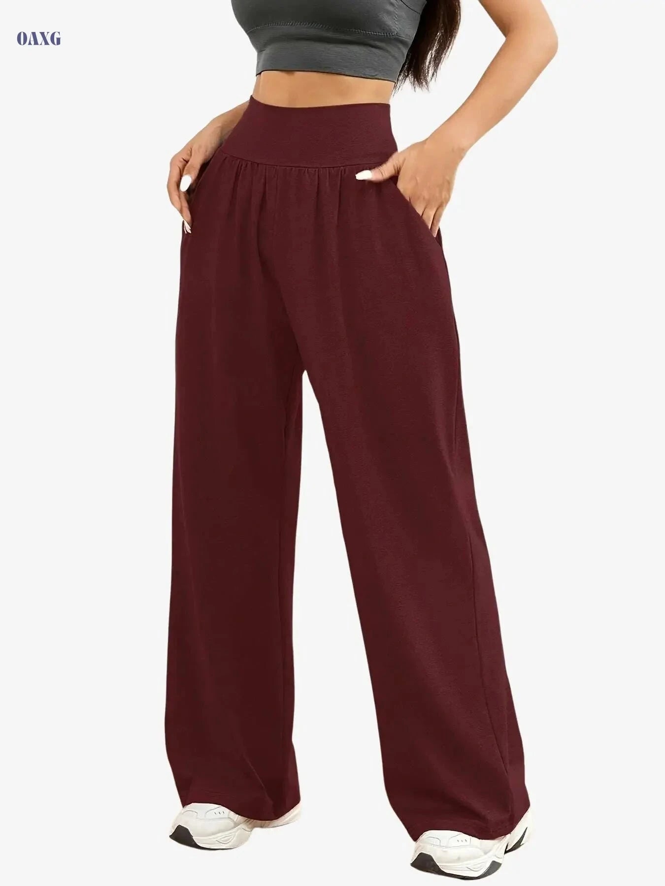 Women's Casual Wide Leg Pants - High Stretch, Elastic Waist, Pockets   OAXG Dark Red-A / L