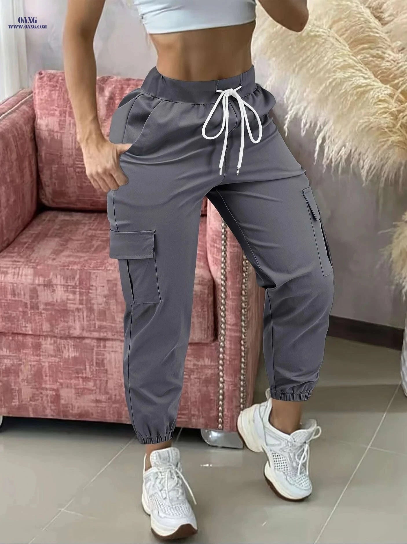 Women's Casual & Work Pants - Solid Color, Drawstring Design   OAXG Black / S