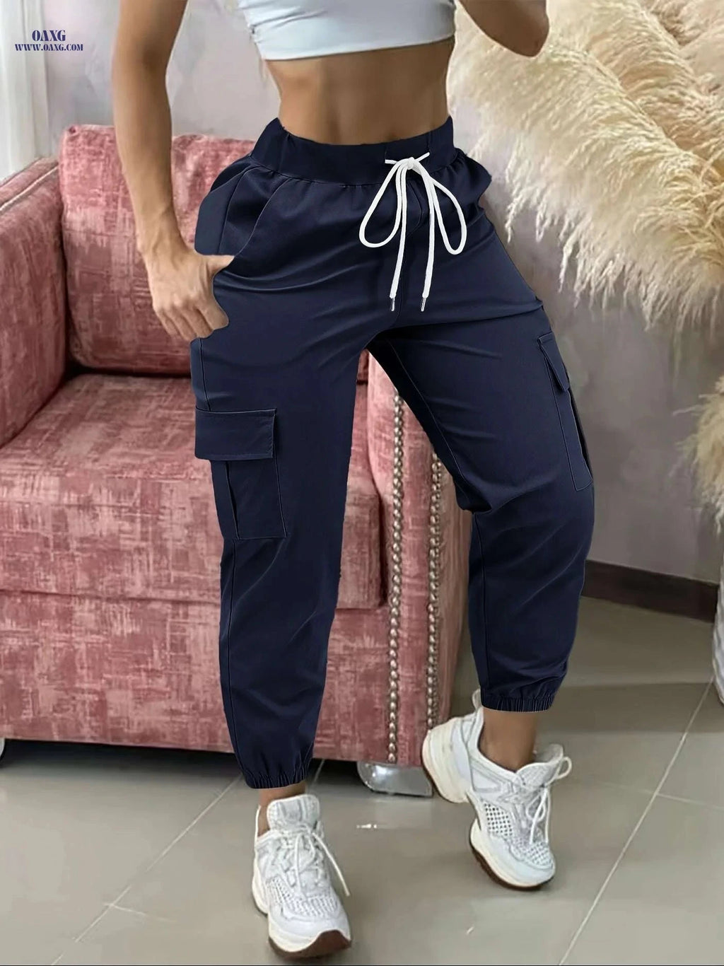 Women's Casual & Work Pants - Solid Color, Drawstring Design   OAXG Black / S