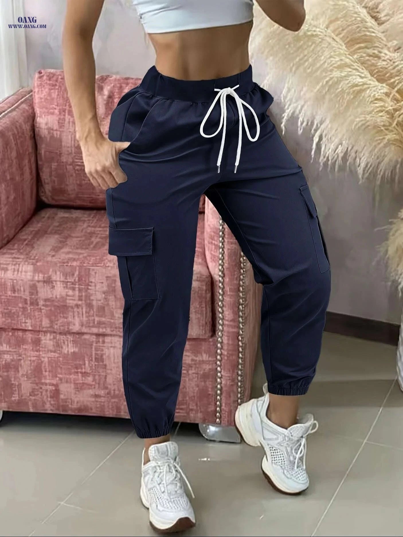 Women's Casual & Work Pants - Solid Color, Drawstring Design   OAXG Black / S