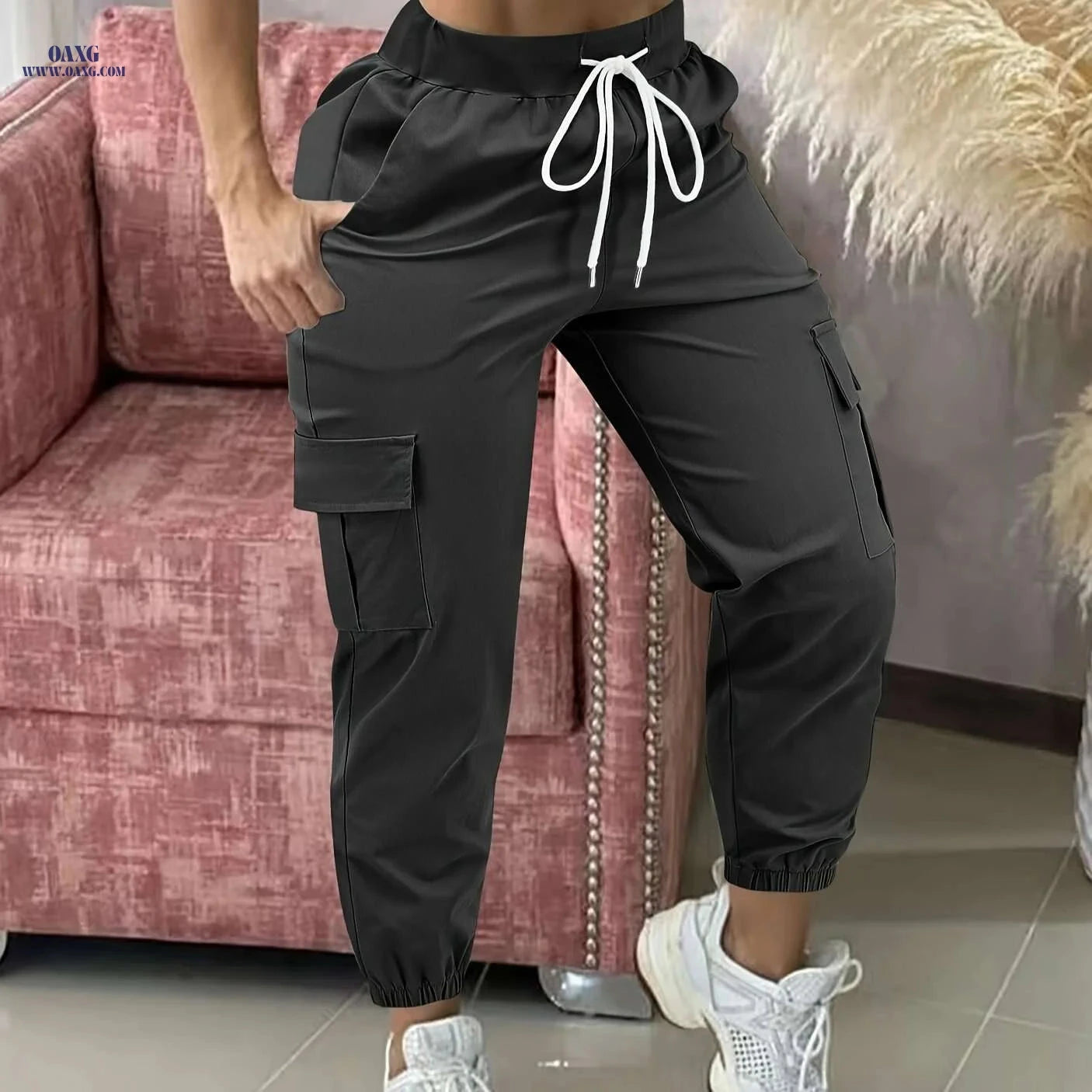 Women's Casual & Work Pants - Solid Color, Drawstring Design   OAXG 
