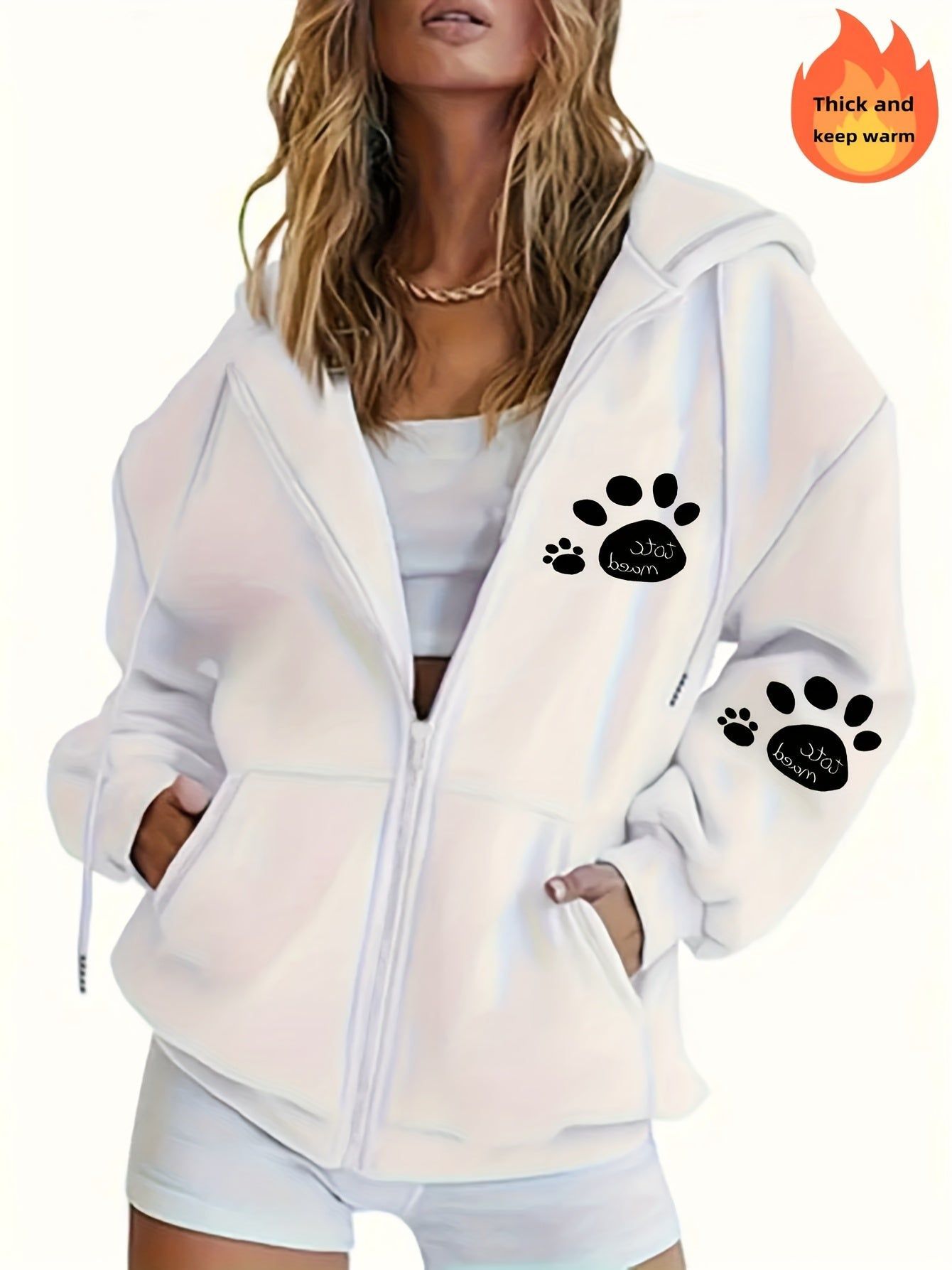Women's Casual Zip-Up Hoodie - Cute Letter Print, Cozy Design   OAXG White / S