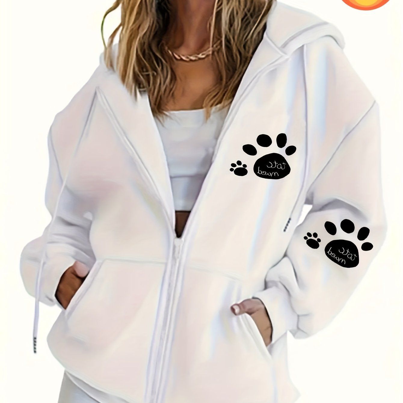 Women's Casual Zip-Up Hoodie - Cute Letter Print, Cozy Design   OAXG White / S