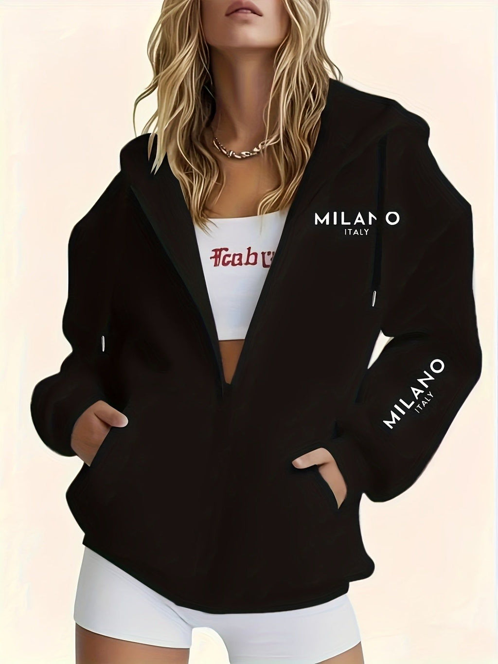 Women'S Casual Zip-Up Hoodie, Letter Print Pattern Sweatshirt, Machine Washable Comfortable Lining, Warm Pullover Sweatshirt for Autumn And Winter, Cute Design, Comfortable to Wear   OAXG Black / S