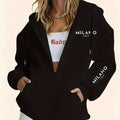 Women'S Casual Zip-Up Hoodie, Letter Print Pattern Sweatshirt, Machine Washable Comfortable Lining, Warm Pullover Sweatshirt for Autumn And Winter, Cute Design, Comfortable to Wear   OAXG Black / S