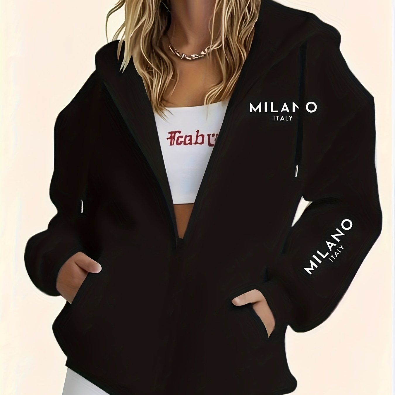 Women'S Casual Zip-Up Hoodie, Letter Print Pattern Sweatshirt, Machine Washable Comfortable Lining, Warm Pullover Sweatshirt for Autumn And Winter, Cute Design, Comfortable to Wear   OAXG Black / S