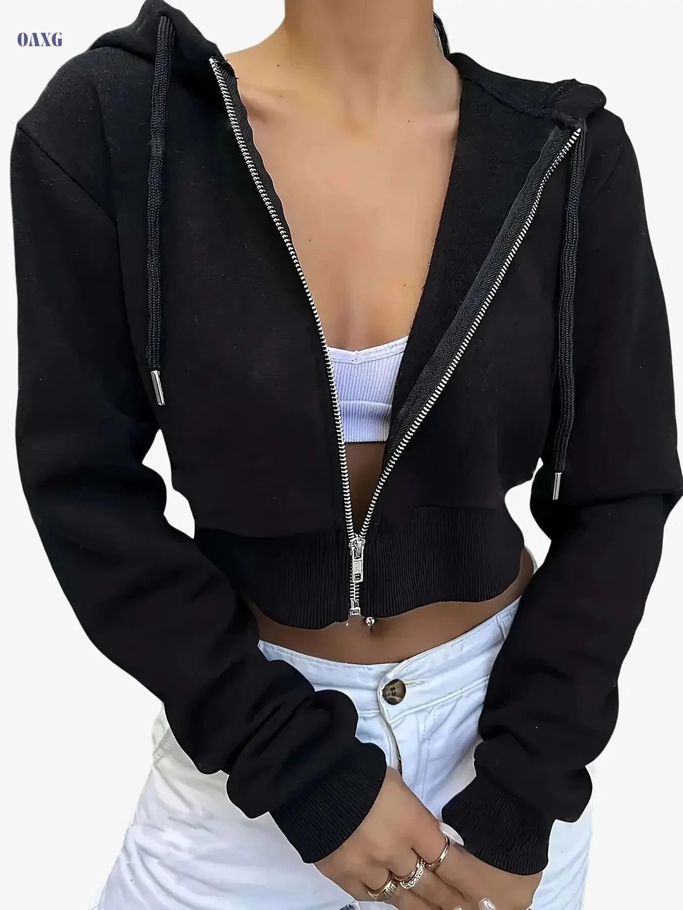 Women's Casual Zip-Up Hoodie - Solid Color, Fleece, Long Sleeve   OAXG 
