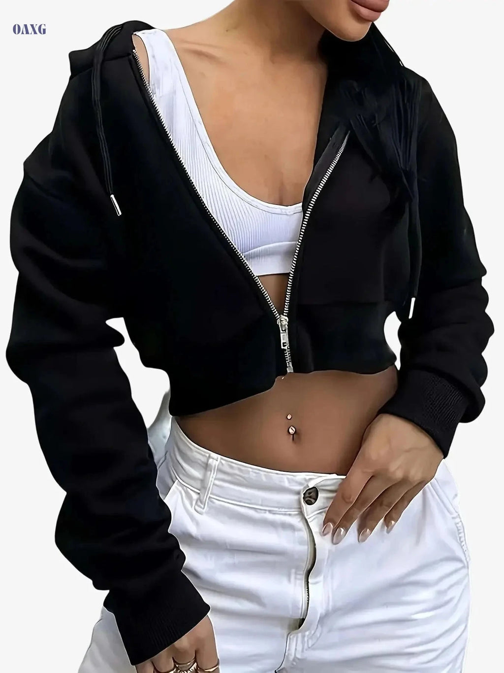 Women's Casual Zip-Up Hoodie - Solid Color, Fleece, Long Sleeve   OAXG 