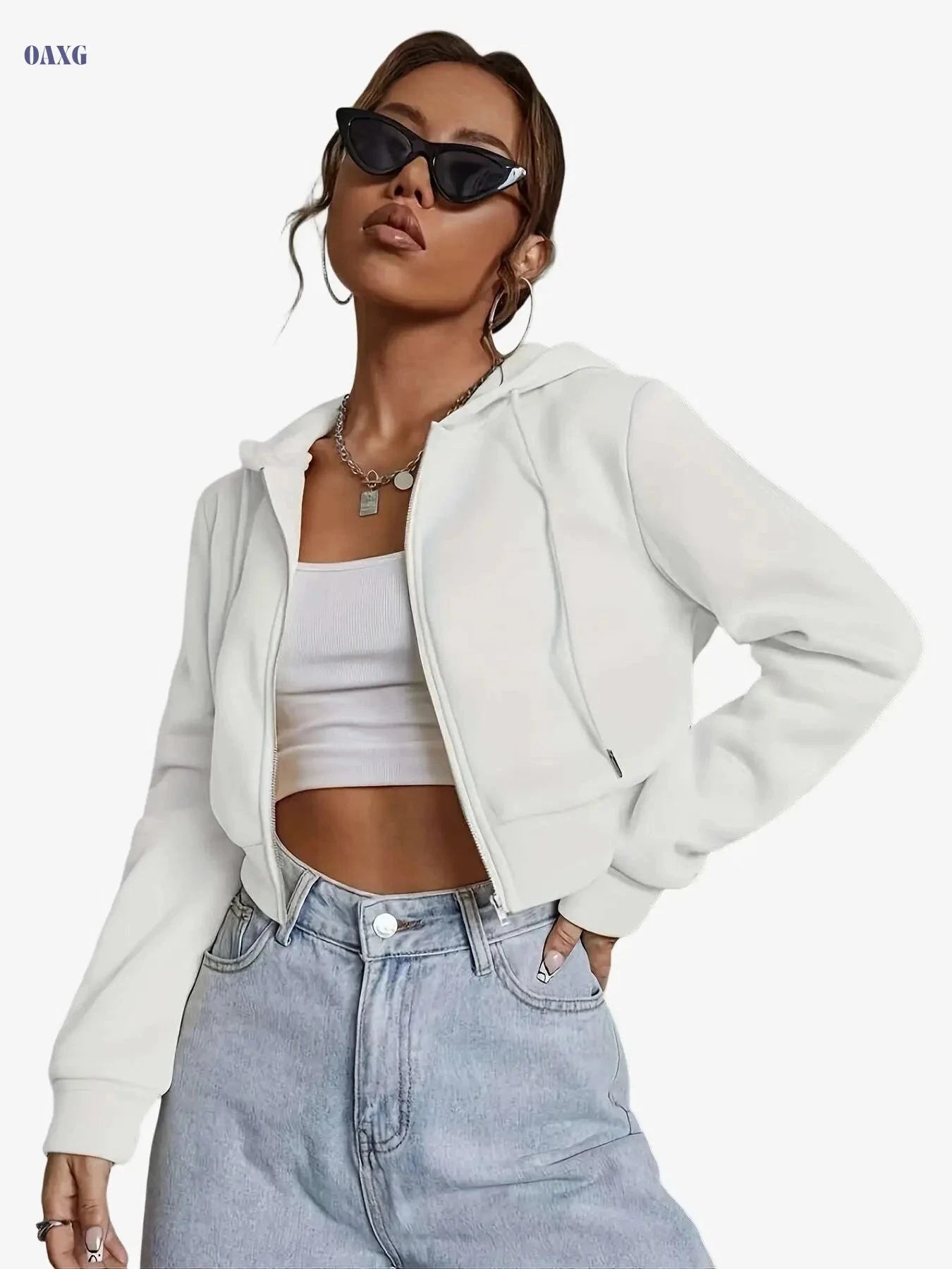 Women's Casual Zip-Up Hoodie - Solid Color, Fleece, Long Sleeve   OAXG 