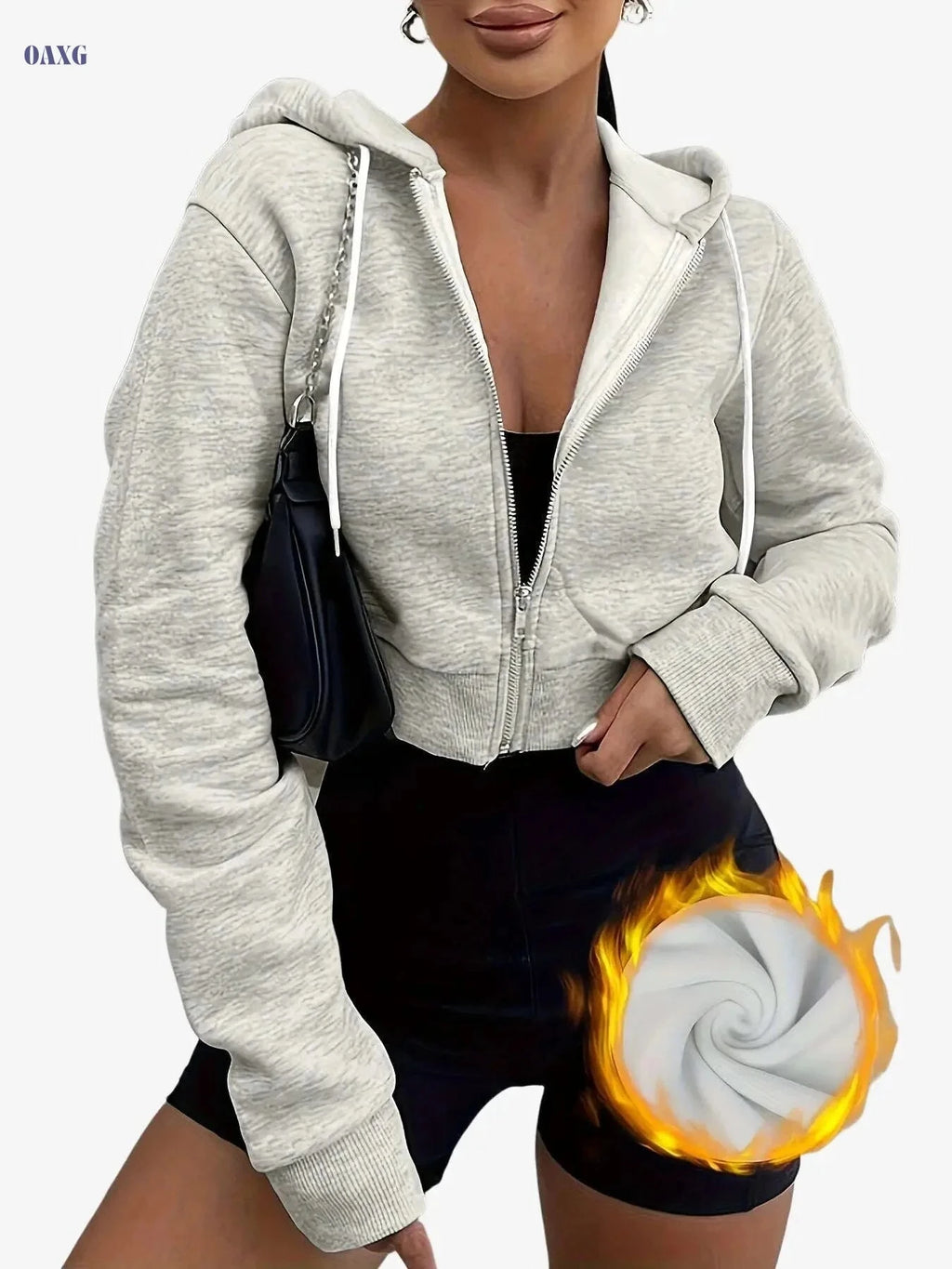 Women's Casual Zip-Up Hoodie - Solid Color, Fleece, Long Sleeve   OAXG 