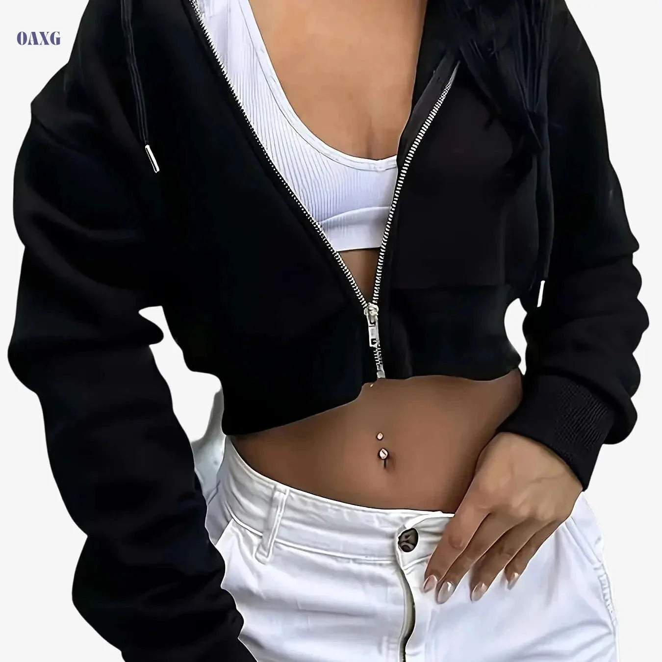 Women's Casual Zip-Up Hoodie - Solid Color, Fleece, Long Sleeve   OAXG 