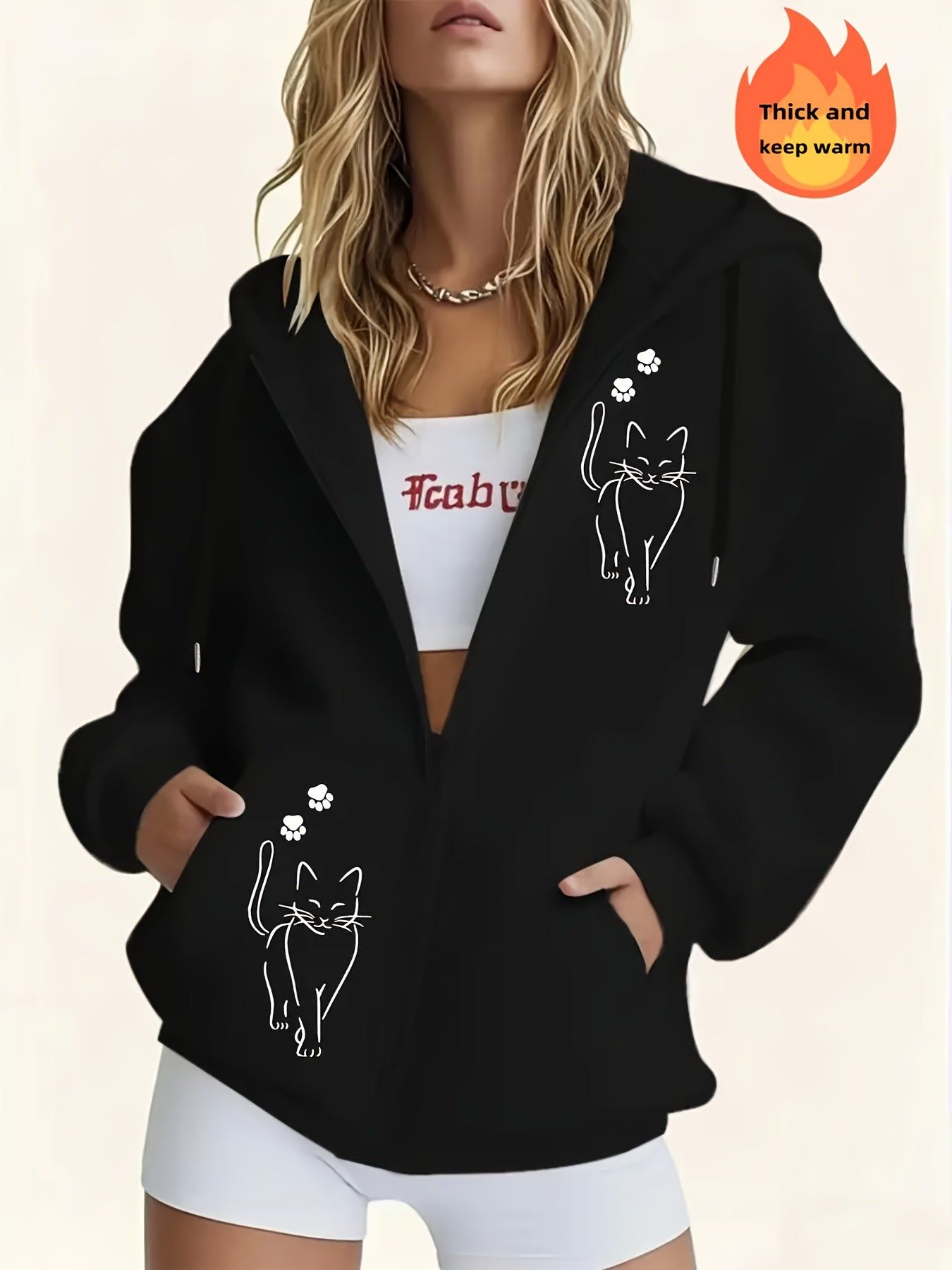 Women's Casual Zip-Up Hoodie with Animal Cat Print, Machine Washable Comfort Lining, Warm Autumn/Winter Sweatshirt, Cute Design, Comfortable Wear   OAXG Black / S