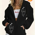 Women's Casual Zip-Up Hoodie with Animal Cat Print, Machine Washable Comfort Lining, Warm Autumn/Winter Sweatshirt, Cute Design, Comfortable Wear   OAXG Black / S