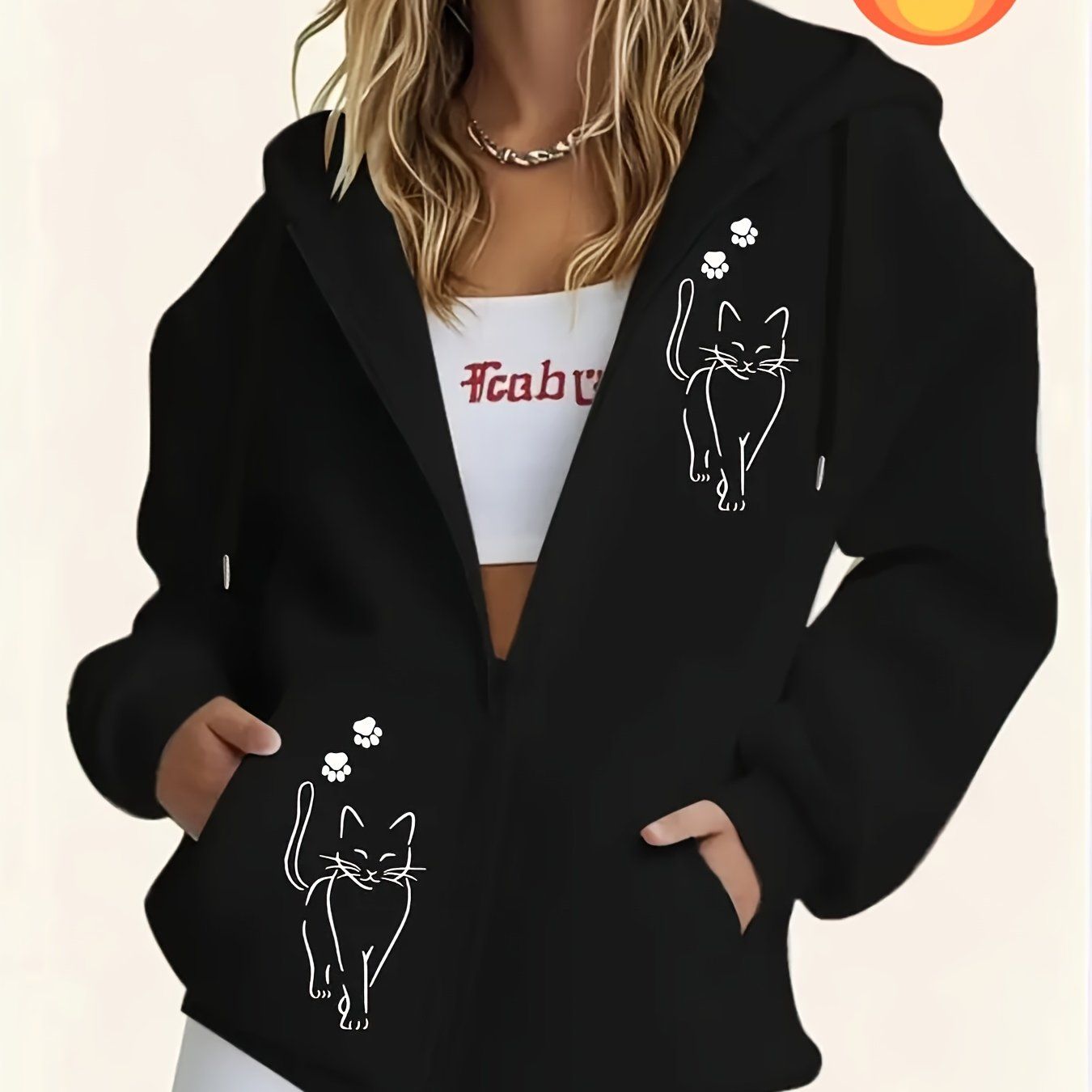 Women's Casual Zip-Up Hoodie with Animal Cat Print, Machine Washable Comfort Lining, Warm Autumn/Winter Sweatshirt, Cute Design, Comfortable Wear   OAXG Black / S