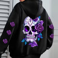 Women's Casual Zip-Up Hoodie with Flower Cartoon Skull Print, Machine Washable Comfort Lining, Warm Autumn and Winter Sweatshirt, Cute Design, Comfortable Wear   OAXG Black / S