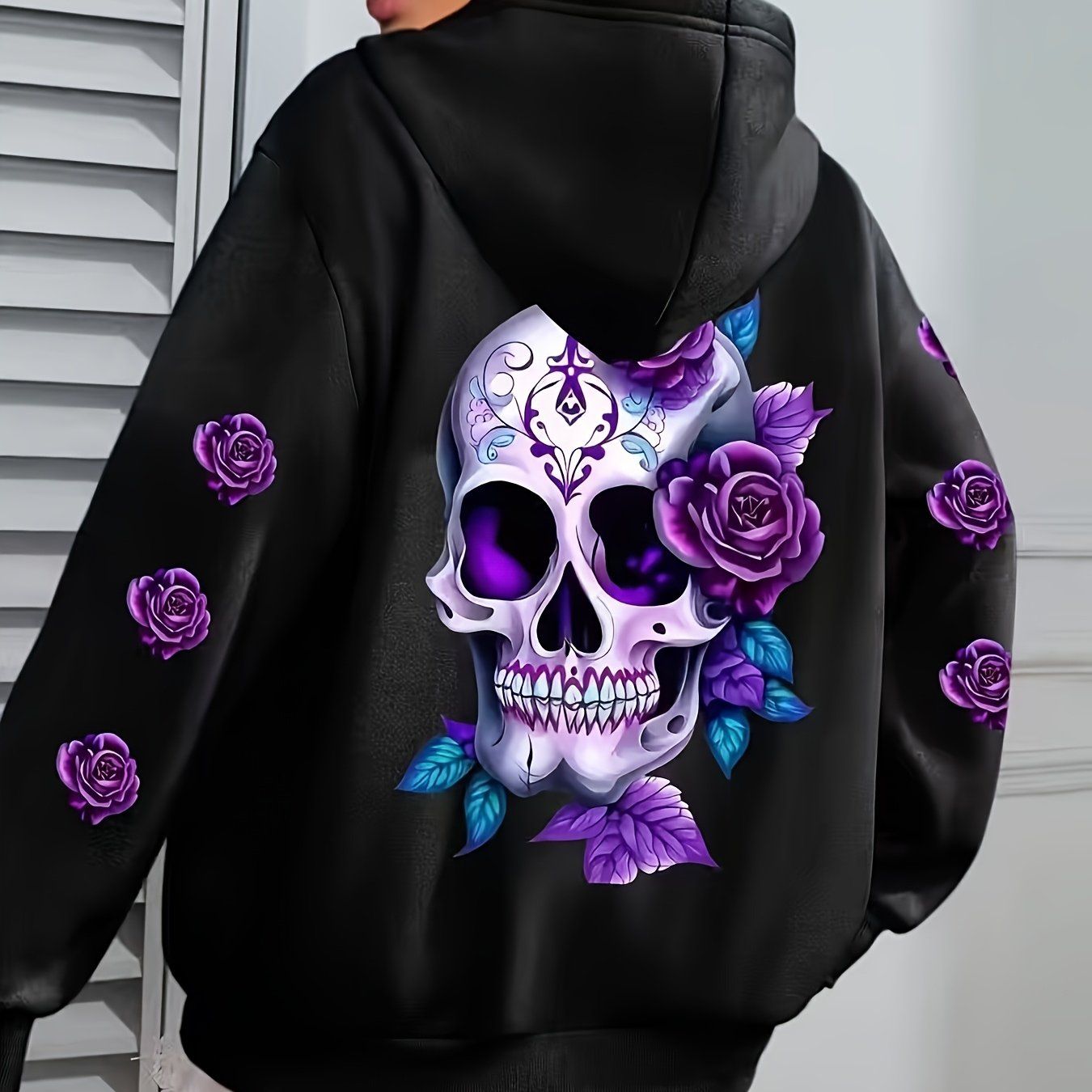 Women's Casual Zip-Up Hoodie with Flower Cartoon Skull Print, Machine Washable Comfort Lining, Warm Autumn and Winter Sweatshirt, Cute Design, Comfortable Wear   OAXG Black / S