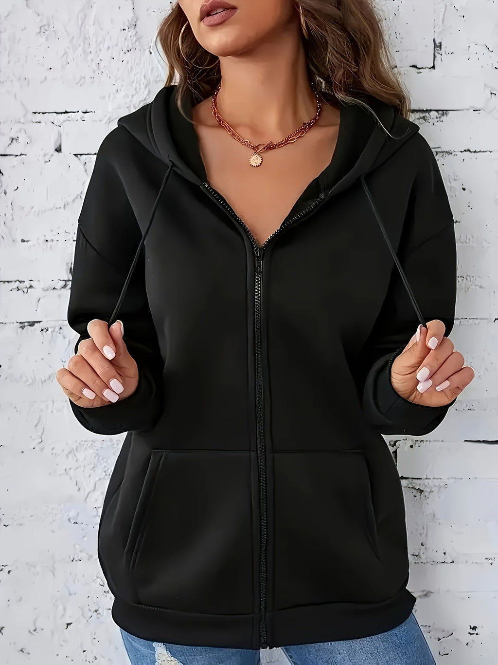 Women's Casual Zip-Up Hoodie with Flower Cartoon Skull Print, Machine Washable Comfort Lining, Warm Autumn and Winter Sweatshirt, Cute Design, Comfortable Wear   OAXG Black / S
