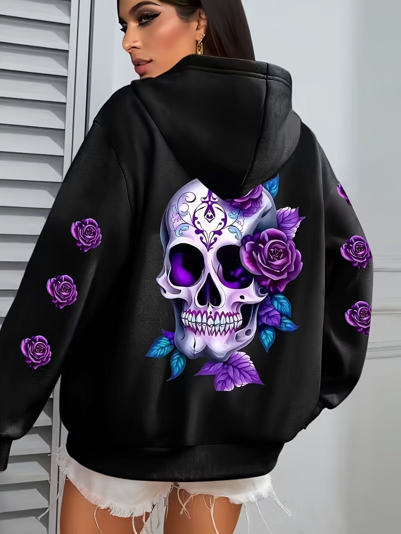 Women's Casual Zip-Up Hoodie with Flower Cartoon Skull Print, Machine Washable Comfort Lining, Warm Autumn and Winter Sweatshirt, Cute Design, Comfortable Wear   OAXG Black / S