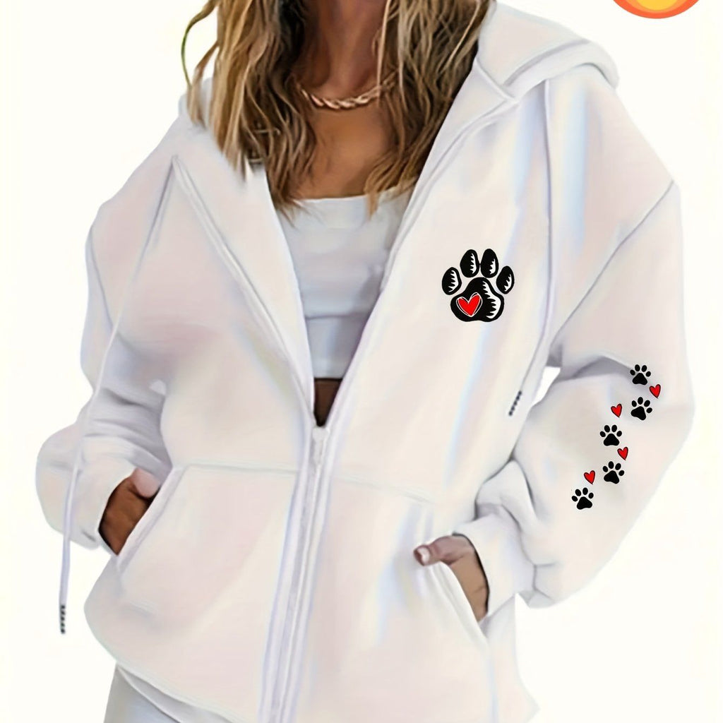 Women's Casual Zip-Up Hoodie with Footprint Print, Machine Washable Comfort Lining, Warm Autumn and Winter Sweatshirt, Cute Design, Comfortable Wear   OAXG White / S