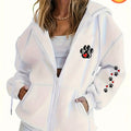 Women's Casual Zip-Up Hoodie with Footprint Print, Machine Washable Comfort Lining, Warm Autumn and Winter Sweatshirt, Cute Design, Comfortable Wear   OAXG White / S