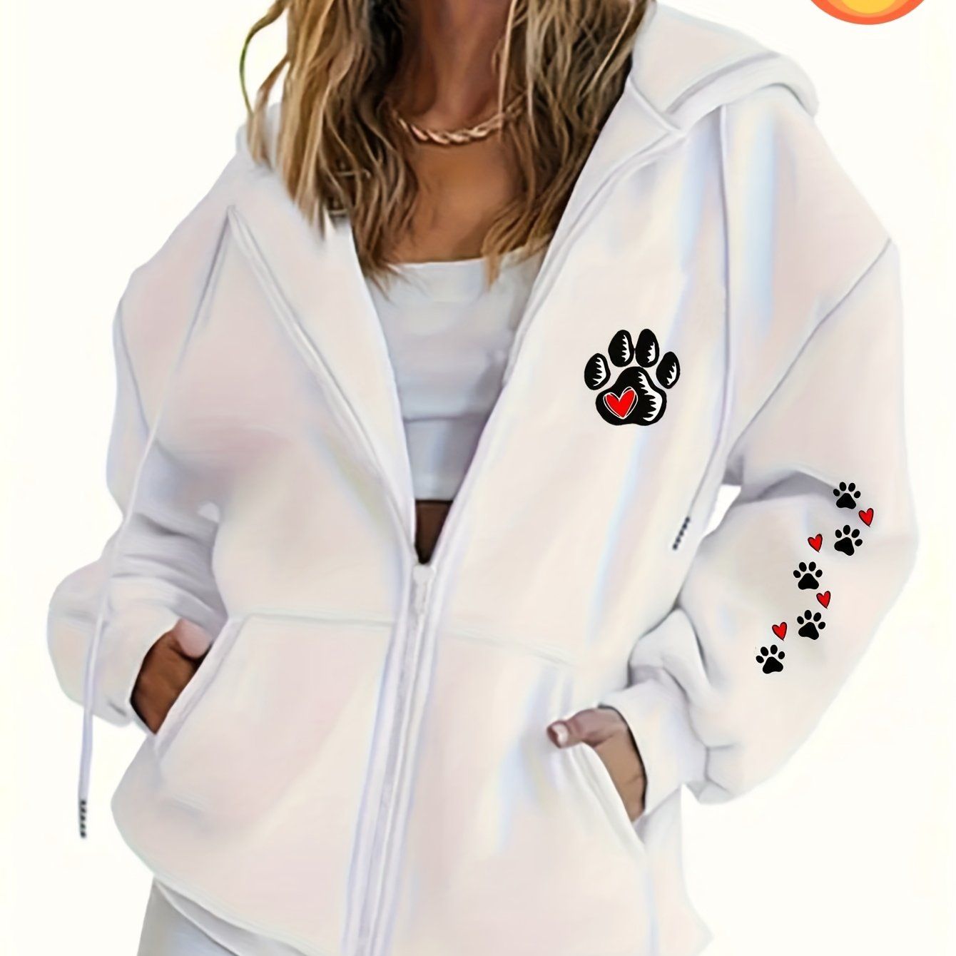 Women's Casual Zip-Up Hoodie with Footprint Print, Machine Washable Comfort Lining, Warm Autumn and Winter Sweatshirt, Cute Design, Comfortable Wear   OAXG White / S
