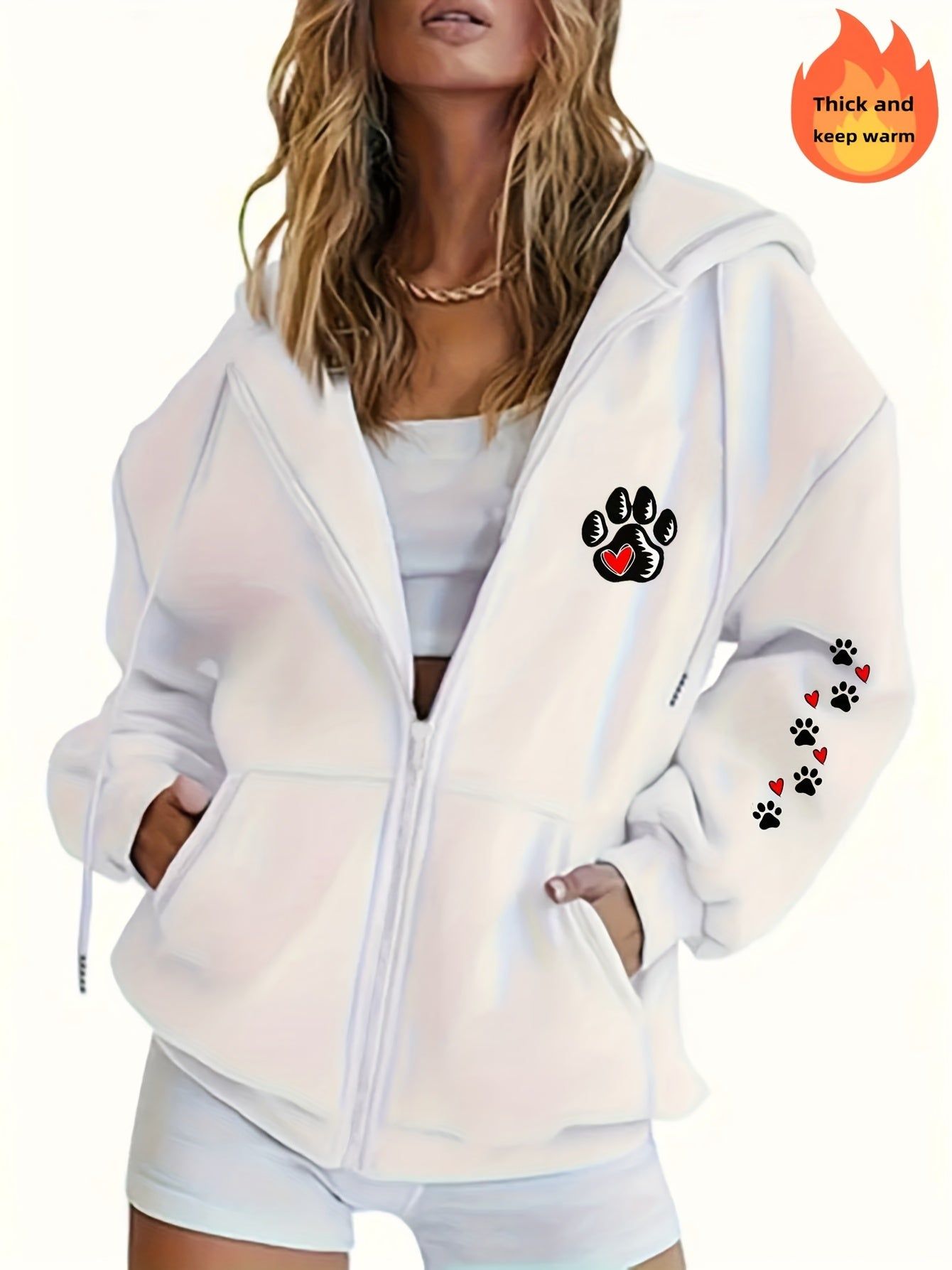 Women's Casual Zip-Up Hoodie with Footprint Print, Machine Washable Comfort Lining, Warm Autumn and Winter Sweatshirt, Cute Design, Comfortable Wear   OAXG White / S