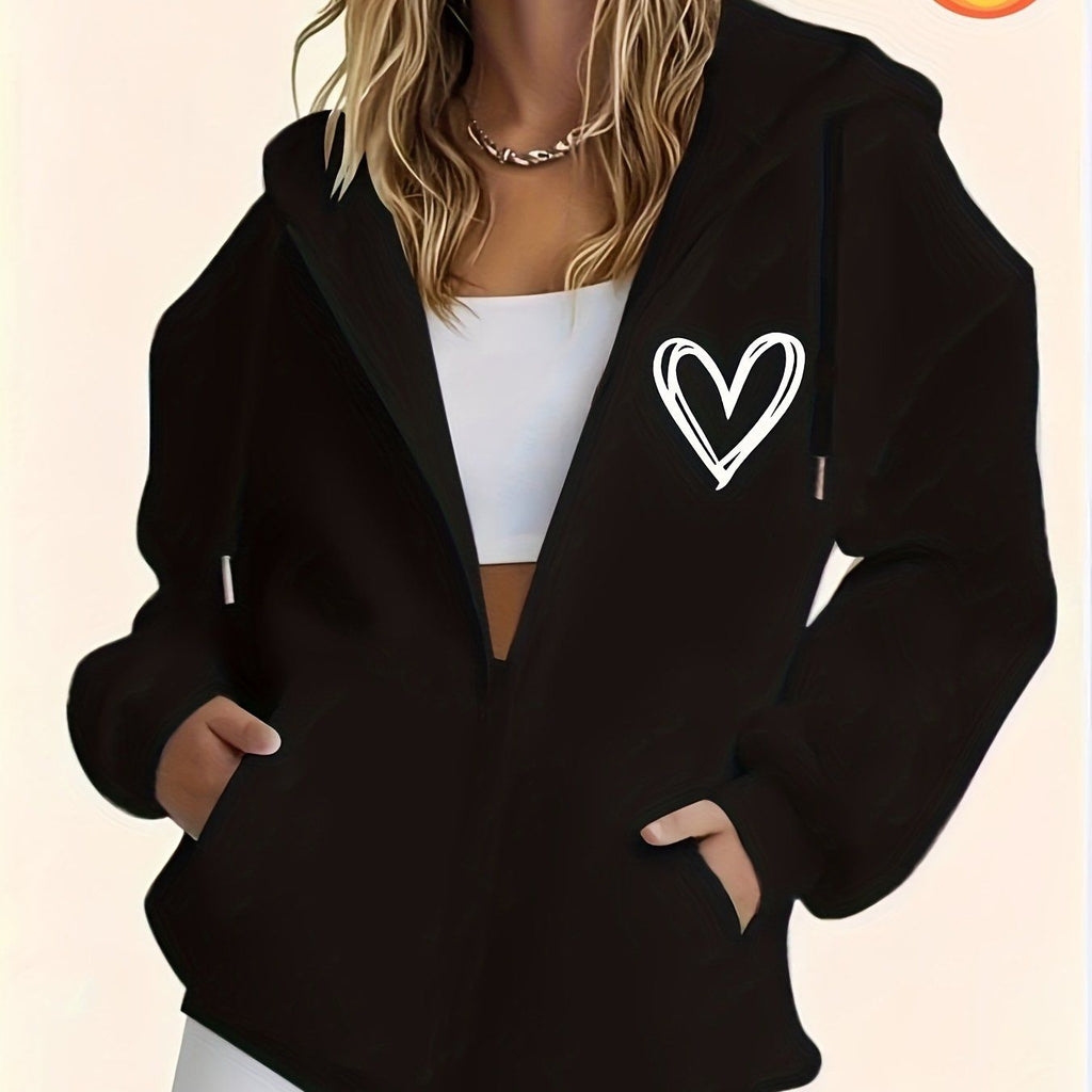 Women's Casual Zip-Up Hoodie with Heart Print, Machine Washable Comfort Lining, Warm Autumn/Winter Sweatshirt, Cute Design, Comfortable Wear   OAXG Black / S