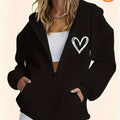 Women's Casual Zip-Up Hoodie with Heart Print, Machine Washable Comfort Lining, Warm Autumn/Winter Sweatshirt, Cute Design, Comfortable Wear   OAXG Black / S