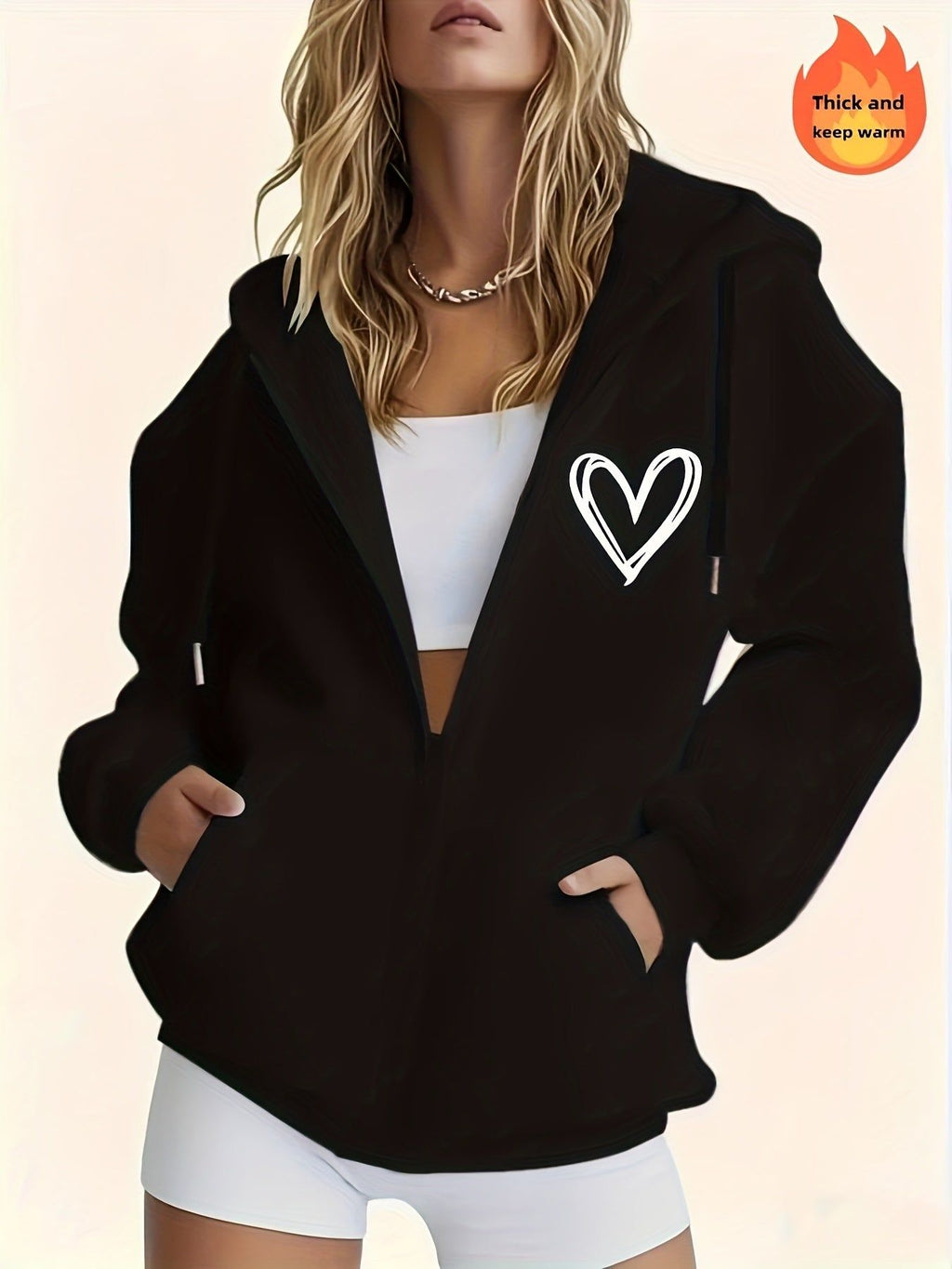 Women's Casual Zip-Up Hoodie with Heart Print, Machine Washable Comfort Lining, Warm Autumn/Winter Sweatshirt, Cute Design, Comfortable Wear   OAXG Black / S