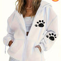 Women's Casual Zip-Up Hoodie with Letter and Footprint Print, Machine Washable Comfort Lining, Warm Autumn and Winter Sweatshirt, Cute Design, Comfortable Wear   OAXG White / S