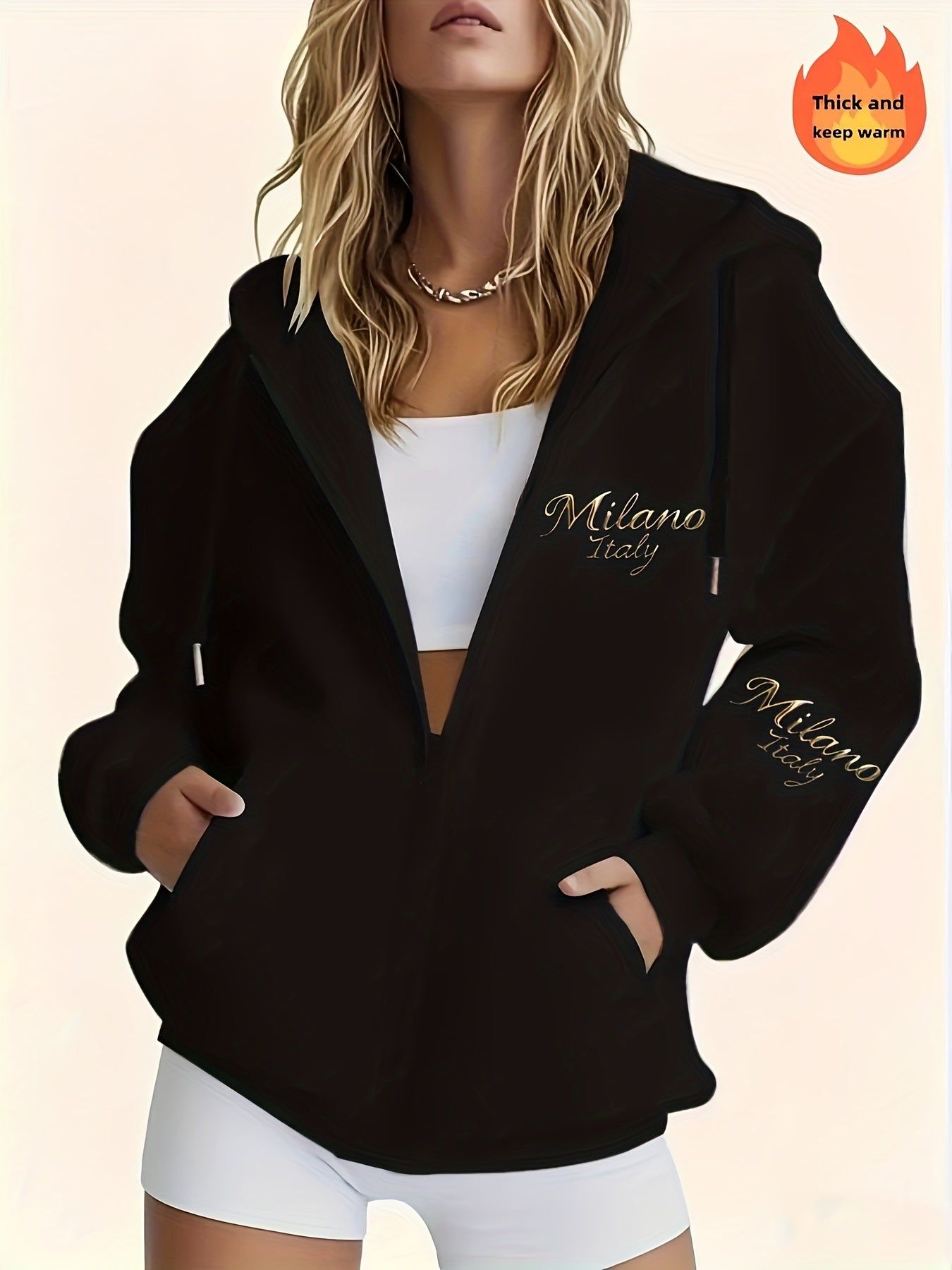 Women's Casual Zip-Up Hoodie with Letter Print, Machine Washable Comfort Lining, Warm Autumn/Winter Sweatshirt, Cute Design, Comfortable Wear   OAXG Black / S