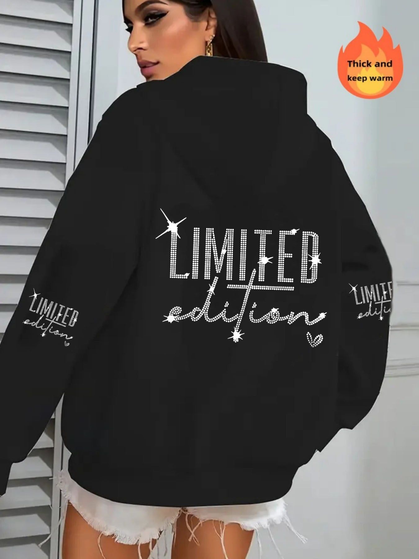 Women's Casual Zip-Up Hoodie with Letter Print, Machine Washable Comfort Lining, Warm Autumn/Winter Sweatshirt, Cute Design, Comfortable Wear   OAXG Black / S
